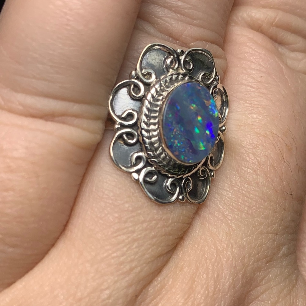 Solid Sterling Australian Opal Flower Ring - image 7